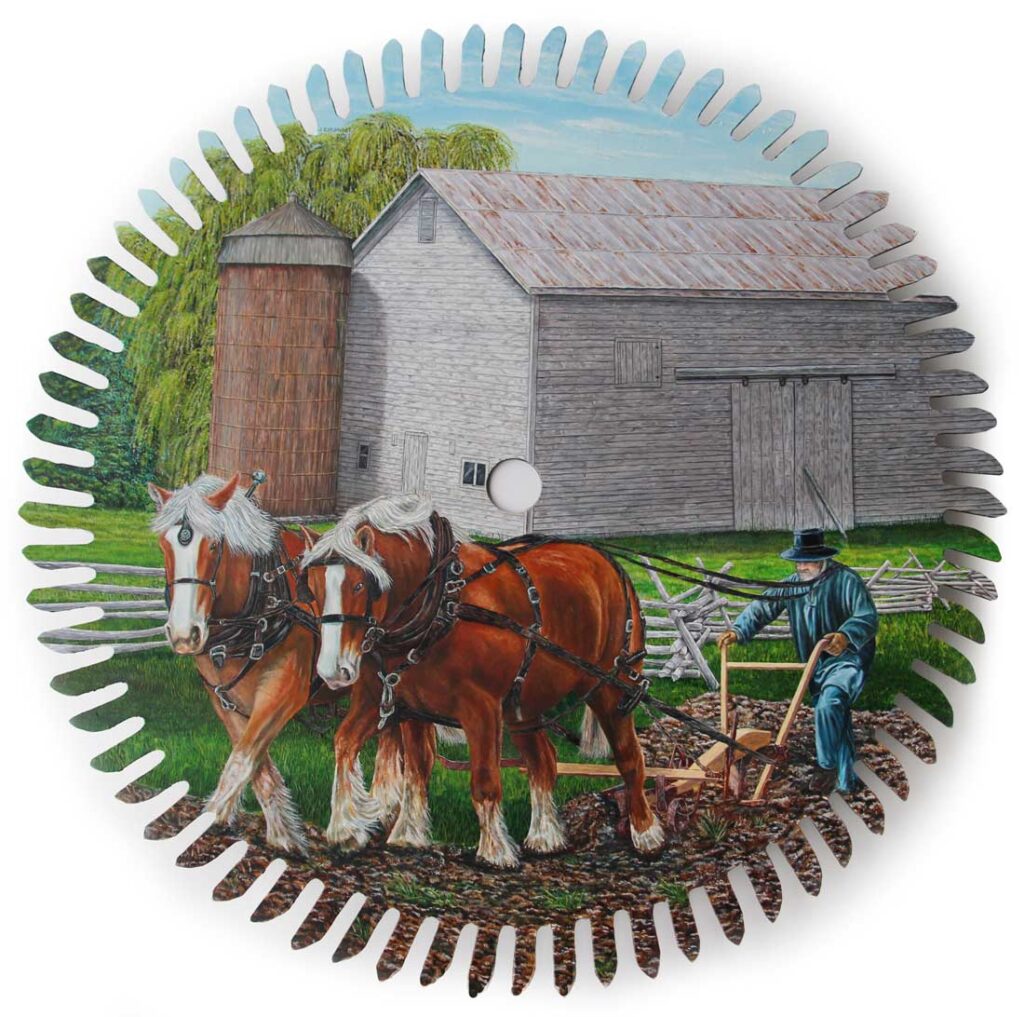 painting of a farm scene on a sawblade