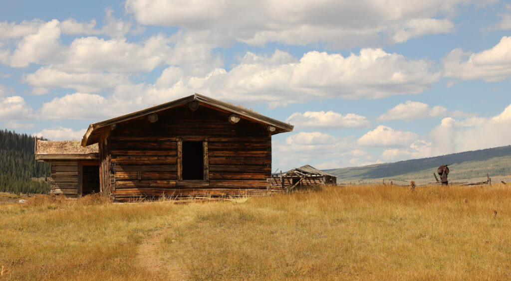 weathered log cabin in a field