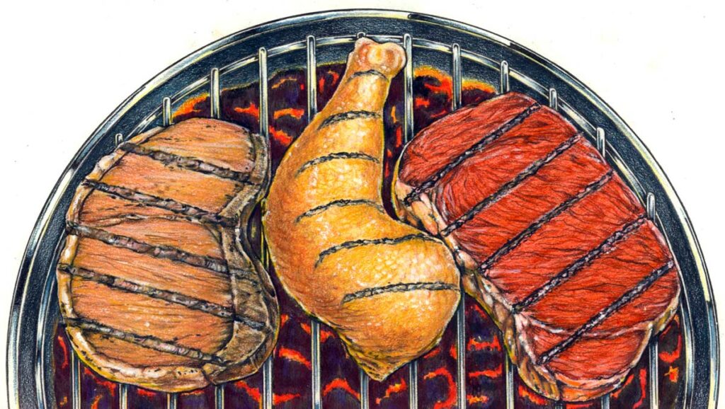 Illustration of meat cooking on a grill