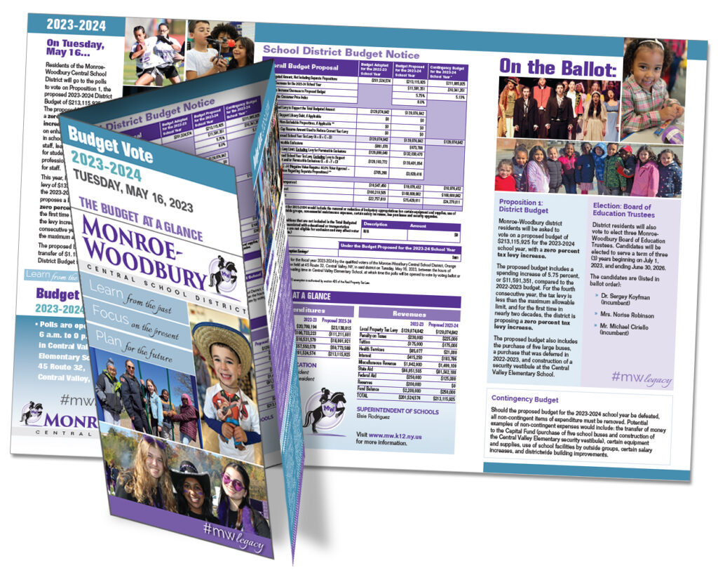 Monroe Woodbury CSD trifold budget newsletter